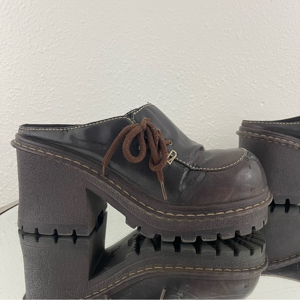 L.E.I. Vintage Y2K Brown Faux Leather Chunky Platform Lace Up Heeled Mule Shoes - Picture 5 of 12